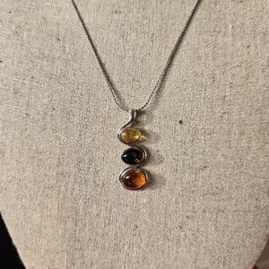 Vintage Baltic Amber Three Gem Sterling Silver Pendant and Fancy Link Chain